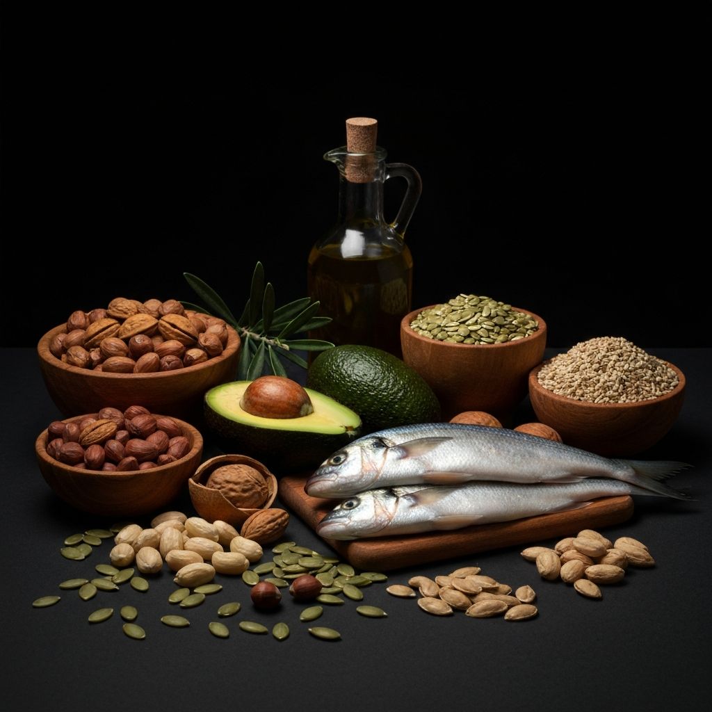 Natürliche Fettquellen arrangiert mit dramatischer Beleuchtung und hoher Texturdetail